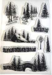 Winter Cabin Forest Clear Stamps Nature Pine Trees Stone Bridge Picket Fence NEW