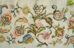 Huge Antique Vintage Full Blooming Jacobean Floral Preworked Needlepoint Canvas