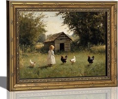 Gold Framed Canvas Wall Art, Rustic Vintage Farmhouse Girl Painting Picture Wall