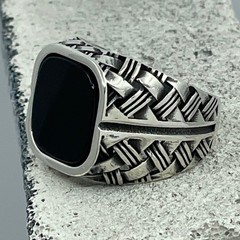 Men’s 925 Sterling Silver Ring Black Onyx Stone Woven Basket Engraved Statement