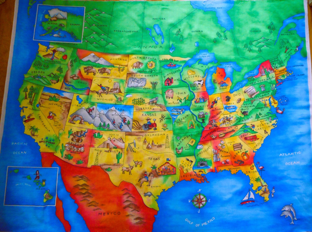 Fabric Traditions Fabric Panel USA & Canada Map 2001 Cotton 35×44″ Vtg