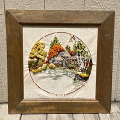 Vintage Crewel Embroidery 1970s Framed Water Mill Scene Trees 22×22″ (16×16″)