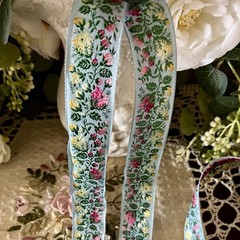 1 Yard of Vintage Blue, Pink, Yellow & Green Floral Jacquard Rayon Ribbon Trim