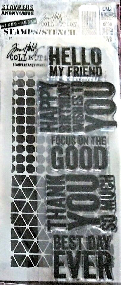 Bold Sayings Clear Stamp + Grid Dot & Diamonds Stencil Set Tim Holtz NEW