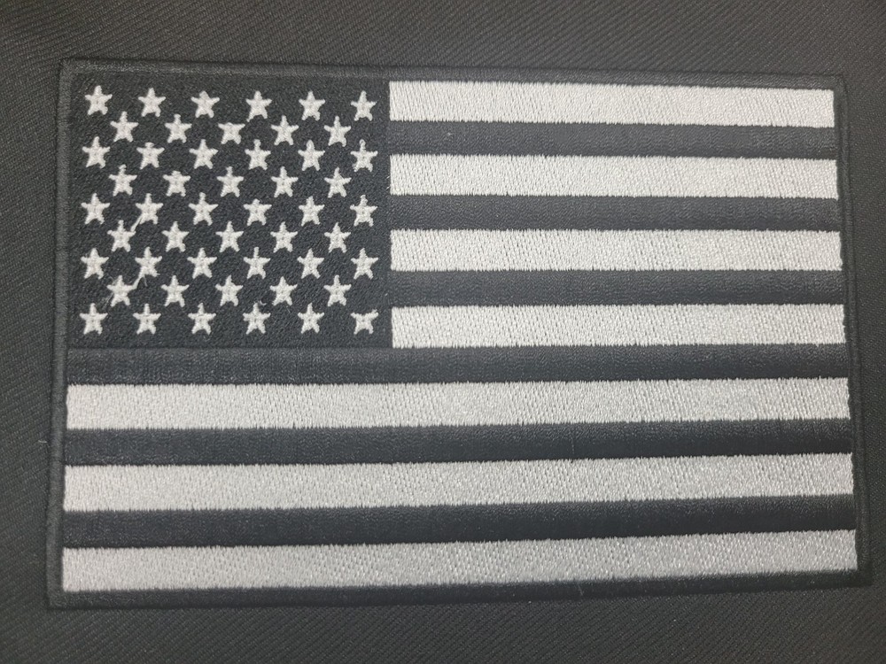 American USA Flag Iron-On Patch Black & White 6 x 4 Version Tactical Black