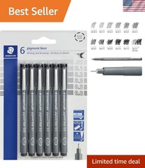Pigment Liner Pack, Black, 6 Pens, Assorted Line Widths, 0.05mm, 0.1mm, 0.2mm…