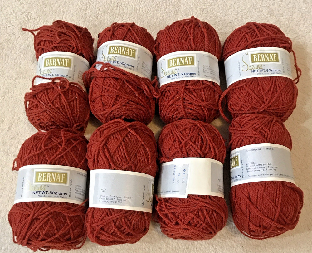 Vintage Bernat Saluki Acrylic Nylon Yarn 8 Skeins USA 1.75 Oz SDL NOS RUST COLOR
