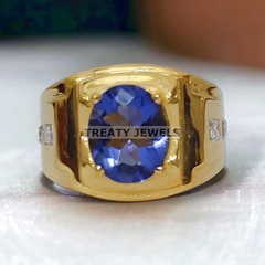 Blue Sapphire Oval Cut With 14k Yellow Gold Ring For Men #355 #