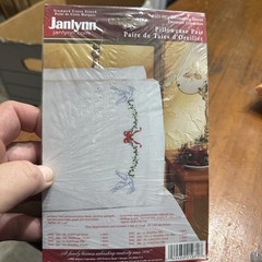 Janlynn Stamped Cross Stitch Pillowcase Pair “Decorating Doves” Stamped